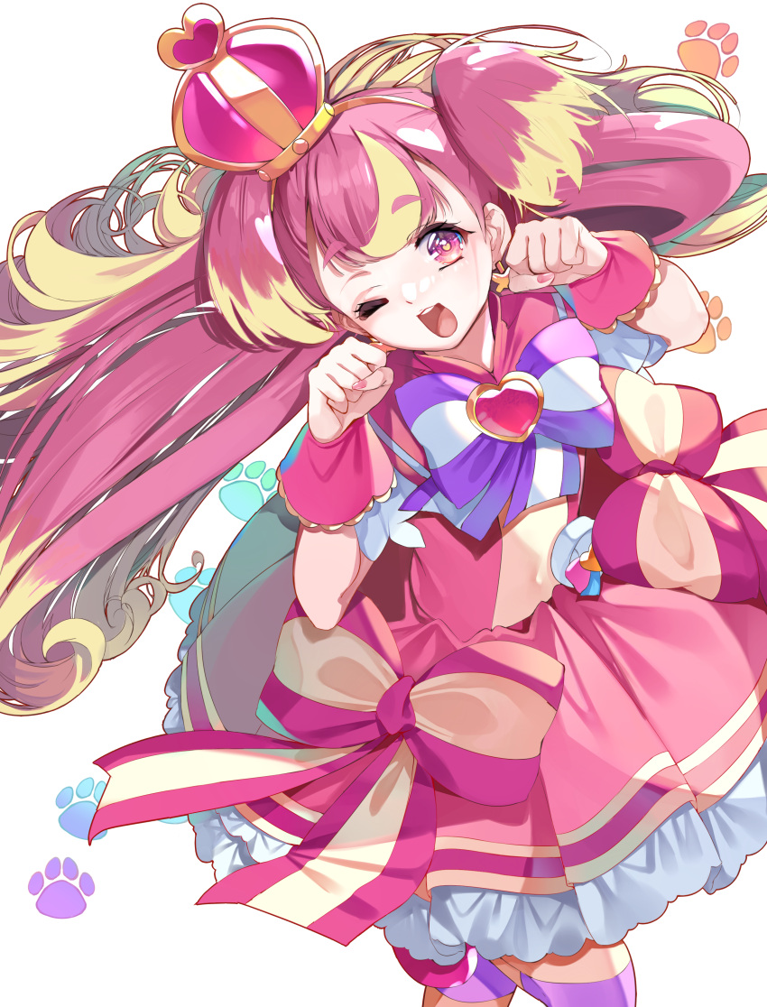 1girl ;d absurdres blonde_hair bow brooch cure_wonderful dress dress_bow earrings fingernails head_tilt heart heart-shaped_pupils heart_brooch highres inukai_komugi jewelry long_hair looking_at_viewer magical_girl multicolored_bow multicolored_hair multicolored_pantyhose one_eye_closed open_mouth pantyhose paw_pose paw_print paw_print_background petticoat pink_dress pink_footwear pink_hair pink_nails pink_wrist_cuffs pouch precure purple_bow purple_eyes shoes short_dress simple_background smile solo standing standing_on_one_leg streaked_hair striped_bow striped_clothes striped_pantyhose symbol-shaped_pupils two-tone_hair two_side_up white_background wonderful_precure! wrist_cuffs yuutarou_(fukiiincho)