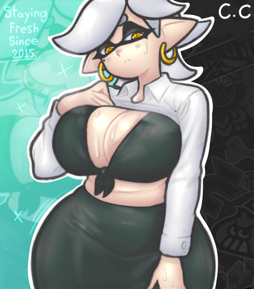 absurd_res animal_humanoid bikini bikini_top bodily_fluids bottomwear breasts cephalopod cephalopod_humanoid champchidi cleavage clothed clothing clothing_lift ear_piercing ear_ring female female/female fog hi_res humanoid humanoid_pointy_ears inkling marie_(splatoon) marine marine_humanoid mollusk mollusk_humanoid navel nintendo pencil_skirt piercing ring_piercing skirt solo solo_focus splatoon sweat sweatdrop swimwear thick_thighs wide_hips