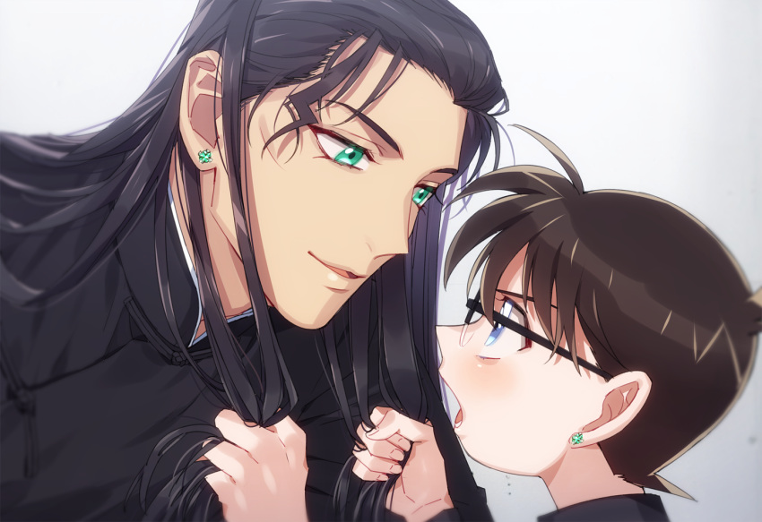 2boys akai_shuuichi bangs black-framed_eyewear black_coat black_hair blue_eyes blush brown_hair child coat commentary_request earrings edogawa_conan eye_contact fingernails from_side glasses gradient gradient_background green_eyes grey_background hair_pull hand_in_hair hands_up high_collar jewelry k_(gear_labo) long_hair looking_at_another male_focus meitantei_conan multiple_boys open_mouth short_hair simple_background smile upper_body