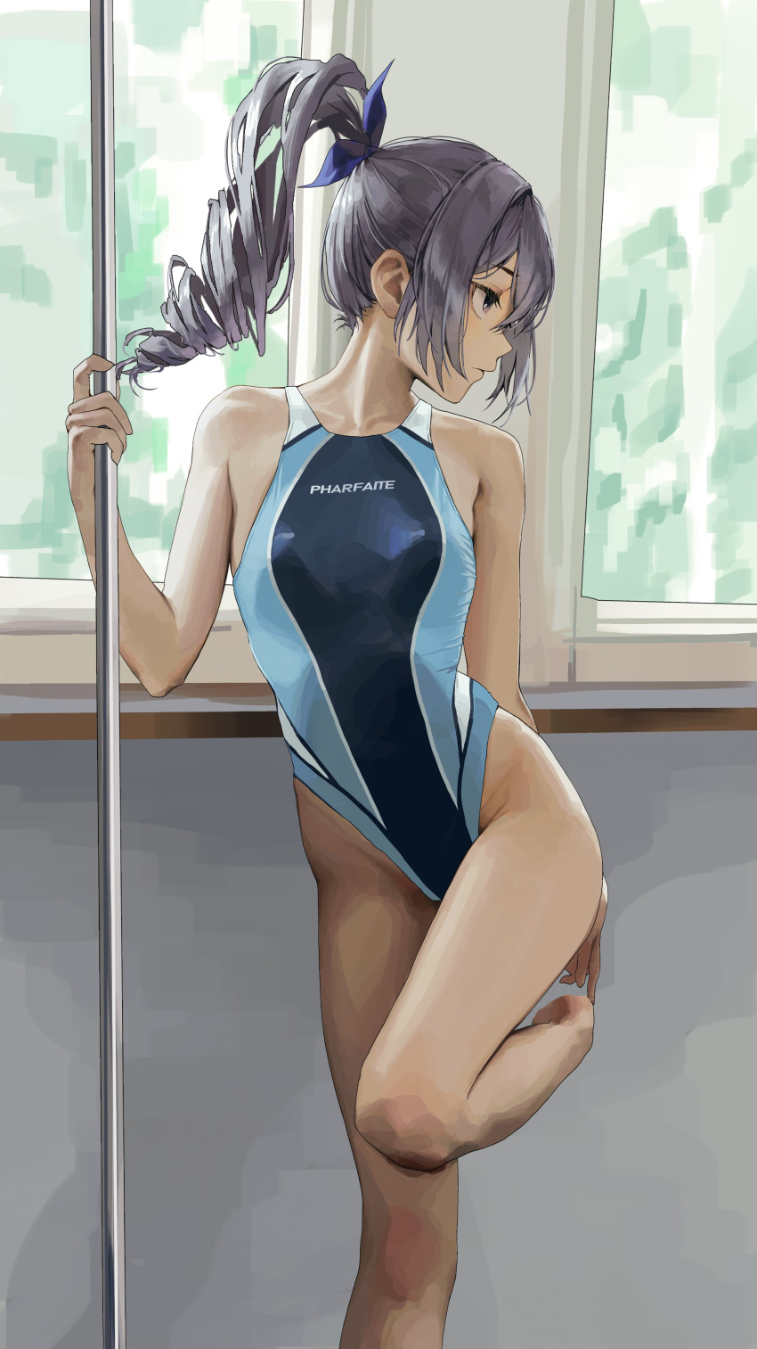 1girl absurdres alternate_costume bare_arms bare_shoulders blue_one-piece_swimsuit closed_mouth commentary competition_swimsuit drill_hair drill_ponytail english_commentary grey_eyes grey_hair highleg highleg_swimsuit highres holding holding_pole honkai:_star_rail honkai_(series) leg_up looking_to_the_side one-piece_swimsuit pole silver_wolf_(honkai:_star_rail) solo swimsuit thighs yohwa