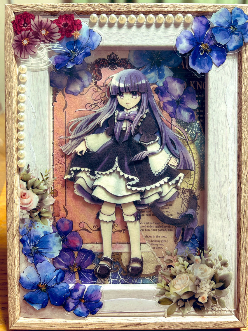 1girl black_dress black_footwear blue_flower blue_hair blunt_bangs blunt_ends bow cat_tail collage dress dress_bow flat_chest flower frederica_bernkastel frilled_dress frilled_sleeves frills full_body highres hime_cut kneehighs layered_dress lolita_fashion long_hair long_sleeves looking_at_viewer mary_janes parted_lips photo_(medium) picture_frame puffy_sleeves purple_eyes red_flower ribbon rose shoes sirase_souya skirt_hold socks solo standing straight_hair tail tail_ornament traditional_media two-tone_dress umineko_no_naku_koro_ni white_flower white_rose white_socks