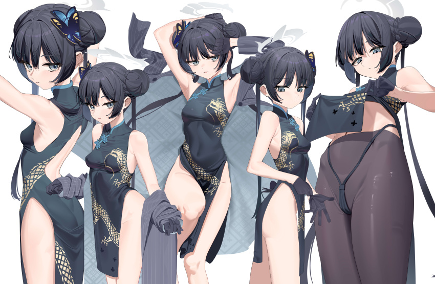 1girl absurdres armpits ass black_dress black_hair black_pantyhose blue_archive blush breasts butterfly_hair_ornament china_dress chinese_clothes closed_mouth commentary double_bun doufu_(pixiv9093484) dragon_print dress grey_eyes grey_halo groin hair_between_eyes hair_bun hair_ornament halo highres kisaki_(blue_archive) long_hair multiple_views open_mouth pantyhose simple_background sleeveless sleeveless_dress small_breasts twintails white_background