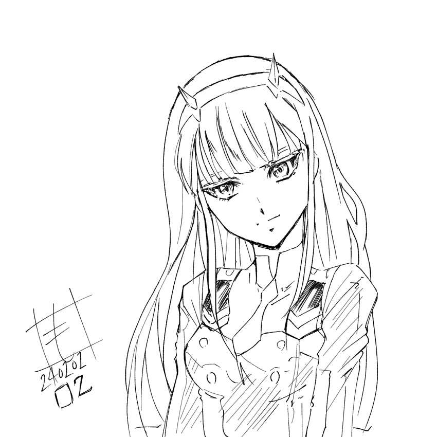 1girl character_name darling_in_the_franxx dated hairband highres horns long_hair looking_at_viewer monochrome necktie scottmohechi simple_background sketch solo uniform upper_body zero_two_(darling_in_the_franxx)