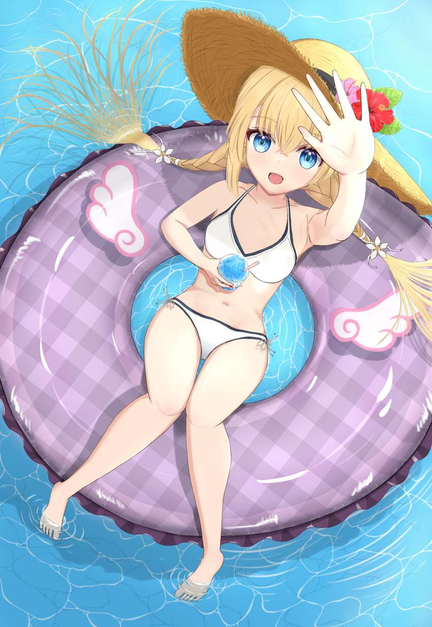 1girl :d absurdres angel angel_wings arm_up bare_arms barefoot bikini blonde_hair blue_eyes blush breasts cameltoe collarbone commentary_request crossed_bangs cup curvy drinking_straw eyelashes floating_hair flower food foreshortening from_above full_body hair_between_eyes hair_ribbon hair_spread_out halterneck happy hat hat_flower highres holding holding_cup innertube knees_together_feet_apart long_hair looking_at_viewer low_twintails navel open_hand open_mouth pink_flower plaid purple_innertube reaching reaching_towards_viewer red_flower relaxing ribbon ripples shaved_ice shirayuki_noa side-tie_bikini_bottom small_breasts smile solo straw_hat swim_ring swimsuit tenshi_souzou_re-boot! thigh_gap thighs tsubatyissimo2 twintails very_long_hair water white_bikini white_ribbon wings