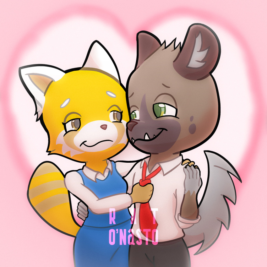 &lt;3 &lt;3_background 1:1 aggressive_retsuko ailurid anthro breasts canid canine clothed clothing clothing_pull duo english_text eye_contact female fur green_eyes haida half-closed_eyes hand_on_back hand_on_hand hand_on_shoulder hi_res holding_necktie hyaenid looking_at_another male male/female mammal narrowed_eyes necktie necktie_grab necktie_pull orange_eyes pink_background ratonasto red_panda retsuko romance romantic_couple sanrio simple_background small_breasts smile spotted_hyena standing teeth text wide_hips