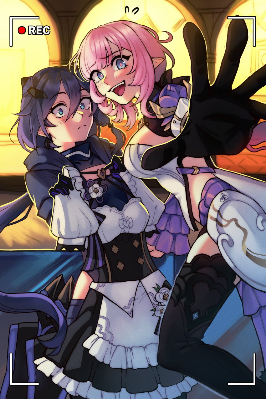 2girls absurdres black_bodysuit black_gloves black_jacket black_shorts black_thighhighs blue_eyes blue_hair blush bodysuit breasts camera catsanie cleavage_cutout clothing_cutout elf elysia_(honkai_impact) elysia_(miss_pink_elf)_(honkai_impact) fu_hua fu_hua_(shadow_knight) gloves grey_hair highres honkai_(series) honkai_impact_3rd jacket long_hair looking_at_viewer low_ponytail maid multiple_girls official_alternate_costume open_clothes open_jacket pink_hair pink_pupils pointy_ears ponytail shorts single_glove thighhighs