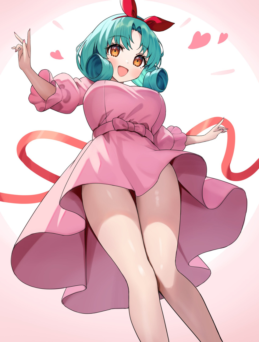 1girl absurdres bare_legs blush bow brown_eyes dot_nose dress feet_out_of_frame flipped_hair frilled_sleeves frills from_below green_hair hair_ribbon highres idolmaster idolmaster_million_live! legs looking_at_viewer medium_hair open_mouth parted_bangs pink_background pink_bow pink_dress puffy_sleeves ransol red_ribbon ribbon solo thigh_gap thighs tokugawa_matsuri white_background