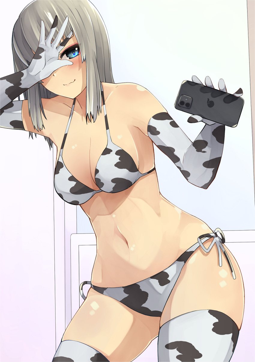1girl alternate_costume animal_print bangs bikini blue_eyes blush breasts cellphone cleavage closed_mouth commentary covering_face cow_print elbow_gloves girls_und_panzer gloves highres holding holding_phone itsumi_erika kakimoto_nao leaning_to_the_side looking_at_viewer medium_hair navel phone print_bikini print_gloves print_legwear self_shot side-tie_bikini silver_hair smartphone smile solo standing swimsuit thighhighs white_bikini white_gloves white_legwear