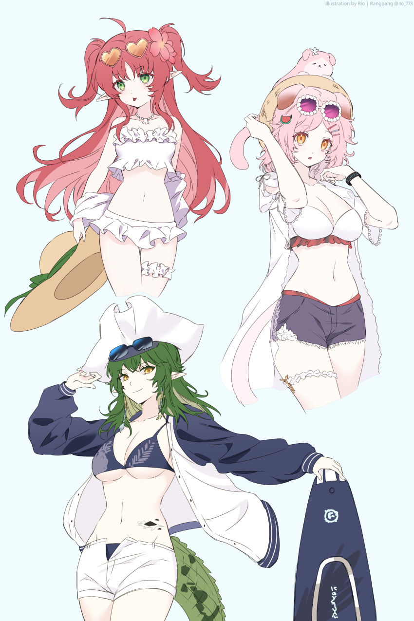 3girls :o absurdres animal_ears animal_on_head arknights bikini blue-tinted_eyewear blue_bikini blue_jacket blue_shorts breasts brown_headwear cat_ears cat_girl crocodilian_tail cropped_legs flower food-themed_hair_ornament frilled_bikini frills gavial_(arknights) gavial_the_invincible_(arknights) gavial_the_invincible_(holiday)_(arknights) goldenglow_(arknights) goldenglow_(summer_flowers)_(arknights) green_eyes green_hair grey_background hair_flower hair_ornament hairclip hand_up hat heart heart-shaped_eyewear highres holding holding_clothes holding_hat infection_monitor_(arknights) jacket large_breasts letterman_jacket long_hair looking_at_viewer multiple_girls myrtle_(arknights) myrtle_(summer_flowers)_(arknights) navel on_head oripathy_lesion_(arknights) parted_lips pink-tinted_eyewear pink_cat pink_flower pointy_ears rectangular_eyewear red_hair rio_(rio773) shorts simple_background small_breasts smile straw_hat surfboard swimsuit swimsuit_cover-up tail thigh_strap tinted_eyewear two_side_up unworn_hat unworn_headwear watermelon_hair_ornament white_bikini white_headwear white_jacket white_shorts yellow-tinted_eyewear yellow_eyes