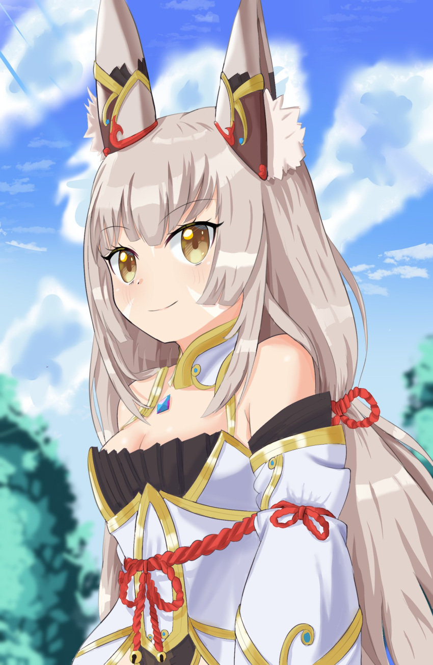 1girl absurdres animal_ear_fluff animal_ears bare_shoulders bell blue_sky blurry blurry_background blush breasts brown_eyes cleavage closed_mouth cloud commentary_request day depth_of_field detached_sleeves facial_mark grey_hair highres jingle_bell long_hair low_twintails medium_breasts nia_(blade)_(xenoblade) nia_(xenoblade) outdoors sky smile solo tokuh_(toku_h_) twintails upper_body very_long_hair white_sleeves xenoblade_chronicles_(series) xenoblade_chronicles_2
