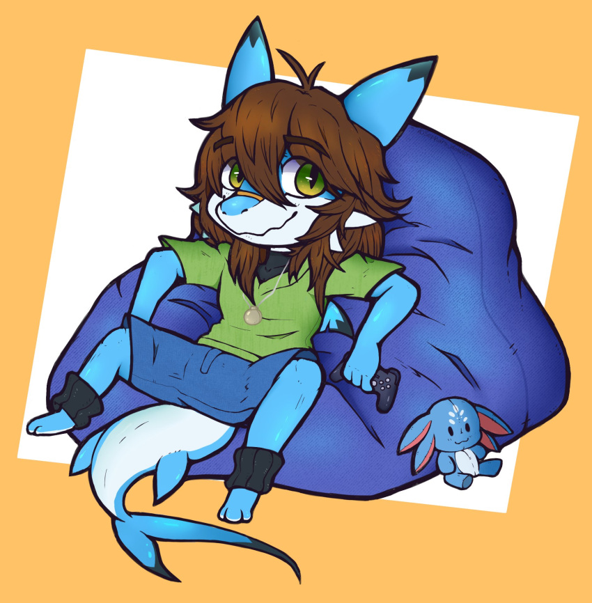 2023 ankle_band ankle_warmers anthro azuri_(artist) band-aid band-aid_on_face band-aid_on_nose bandage bean_bag big_tail biped black_clothing black_shirt black_topwear blue_bean_bag blue_body blue_bottomwear blue_clothing blue_nose blue_shorts bottomwear brown_eyebrows brown_hair closed_smile clothed clothing content_smile controller countershading curled_hair dipstick_ears dipstick_tail dorsal_fin ear_fins eyebrows feet fin fingers fish fizz_(lol) fully_clothed game_controller green_clothing green_eyes hair happy hi_res holding_controller holding_object hoodie jewelry kemono league_of_legends leaning leaning_against_object leaning_back long_tail looking_at_viewer male marine markings messy_hair mouth_closed multicolored_body multicolored_ears necklace no_shoes nose_bandage notched_fin paws plantigrade plushie pose relaxed_expression relaxing riot_games seashell seashell_necklace shark shark_tail shell shirt shorts simple_background sitting sitting_on_bean_bag sitting_on_object smile smiling_at_viewer solo sweater t-shirt tail tail_fin tail_markings toes topwear tundra_(tundra_shark) white_body white_countershading white_nose yellow_band-aid