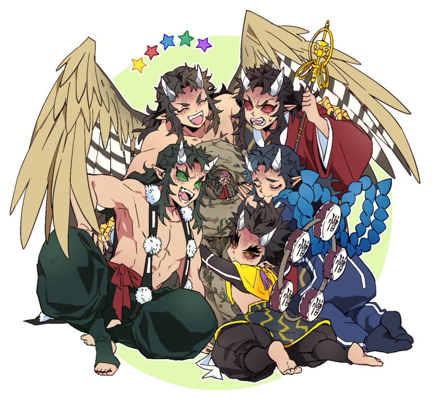 6+boys ^_^ aizetsu_(kimetsu_no_yaiba) angry animal_hands annoyed asymmetrical_clothes bald barefoot bird_boy black_hair black_pants blue_hair blue_pants boulder brown_hair closed_eyes colored_sclera crying demon_boy earrings expressionless fangs feathered_wings group_hug hantengu_(kimetsu_no_yaiba) happy holding holding_staff horns hug japanese_clothes jewelry karaku_(kimetsu_no_yaiba) kimetsu_no_yaiba kimono knee_up kneeling knees_up long_hair long_sleeves looking_at_another mini_person miniboy multicolored_wings multiple_boys no_shoes old old_man oni open_mouth pants plant pointy_ears pom_pom_(clothes) red_kimono red_sclera sekido_(kimetsu_no_yaiba) shakujou sitting smile socks spiked_hair staff star_(symbol) string_wings tassel tassel_earrings text_in_eyes toeless_legwear topless_male ungungzza urogi_(kimetsu_no_yaiba) veins vines white_background wings yellow_eyes yellow_wings zohakuten_(kimetsu_no_yaiba)