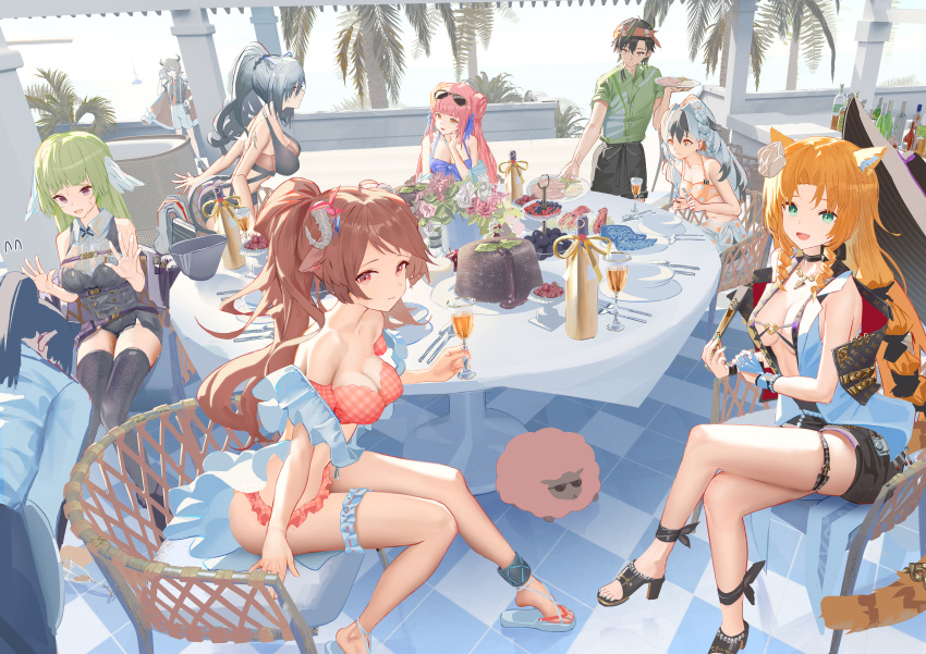 2boys 6+girls :d absurdres animal_ears arknights bare_shoulders bikini bison_(arknights) black_dress black_footwear black_hair black_headwear black_shirt black_shorts black_thighhighs blue_camisole blue_nails bottle bowing breasts brown_hair bryophyta_(arknights) cake camisole cat_ears center_opening ceylon_(arknights) ceylon_(holiday)_(arknights) chair checkered_floor cleavage closed_mouth commentary crossed_legs cup dress embarrassed eyewear_on_head eyjafjalla_(arknights) eyjafjalla_(summer_flower)_(arknights) feather_hair flower food gloves green_eyes green_hair green_shirt grey_hair hair_flower hair_ornament hand_fan hands_up hat headband highres holding holding_cup holding_fan holding_plate holding_utensil horns infection_monitor_(arknights) jacket long_hair looking_at_viewer multicolored_hair multiple_boys multiple_girls nail_polish off-shoulder_bikini off_shoulder official_alternate_costume open_clothes open_jacket open_mouth orange_bikini orange_hair outdoors palm_tree pink_bikini pink_eyes pink_flower plaid plaid_bikini plate polka_dot polka_dot_bikini poncirus_(arknights) ponytail red_headband rose schwarz_(arknights) serving sheep sheep_ears sheep_girl sheep_horns shirt short_hair shorts single_glove sitting sleeveless sleeveless_dress smile snowsant_(arknights) sunglasses susukawa_(susucawa) sweat swimsuit swimsuit_cover-up swire_(arknights) swire_the_elegant_wit_(arknights) symbol-only_commentary table tablecloth tail thigh_strap thighhighs tiered_tray tiger_ears tiger_girl tiger_tail toenail_polish toenails tree two-tone_hair vase waitress white_flower white_gloves white_hair white_jacket white_rose white_shorts wide_shot