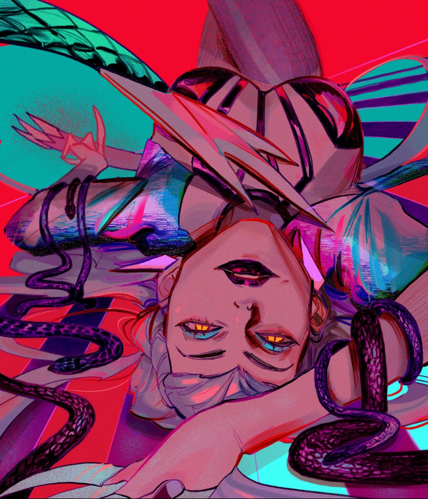 1girl aqua_eyeshadow arm_above_head arm_at_side asymmetrical_bangs between_breasts black_choker black_lips black_thighhighs blue_jacket breasts choker claw_(weapon) cone_hair_bun cropped_jacket crossed_legs demon demon_girl diamond_earrings drop_earrings earrings evelynn_(league_of_legends) eyeshadow hair_bun highres jacket jewelry k/da_all_out_evelynn large_breasts league_of_legends long_hair looking_at_viewer lying makeup non-web_source on_back open_clothes open_jacket parted_lips red_background revealing_clothes slit_pupils snake solo strap_between_breasts teeth thighhighs upper_teeth_only upside-down weapon white_hair yellow_eyes z6ixen