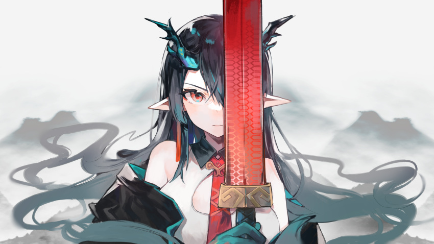 black_hair close dusk_(arknights) gloves hololive horns long_hair pointed_ears red_eyes sword tagme_(artist) weapon