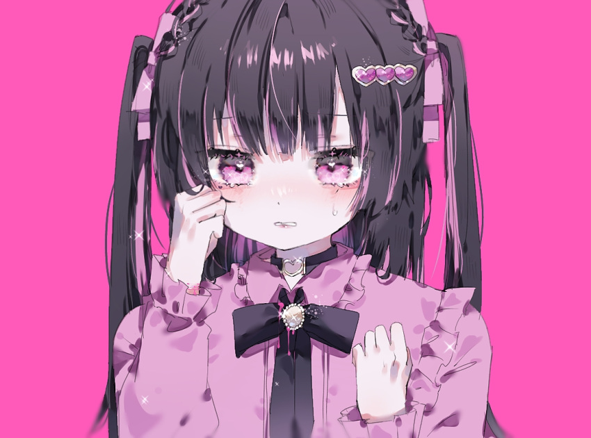 1girl black_bow black_choker black_hair blood blood_on_clothes blood_on_hands blunt_bangs bow choker crying crying_with_eyes_open hair_ornament hair_ribbon heart heart_choker heart_hair_ornament hiro_0607 jirai_kei light_blush long_hair multicolored_hair original pink_background pink_eyes pink_hair pink_shirt ribbon sad self-harm_scar shirt simple_background solo sparkle streaked_hair tears twintails