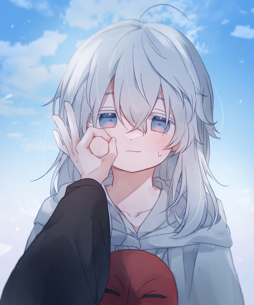 1boy ahoge androgynous blue_eyes blue_sky capelet cheek_pull chibi chibi_only cloud collarbone colored_eyelashes commentary_request crossed_bangs day final_fantasy final_fantasy_xiv grey_capelet grey_hair hand_on_another's_cheek hand_on_another's_face highres hoban_rkgk hood hood_down hooded_capelet korean_commentary long_sleeves looking_at_viewer male_focus mask mask_around_neck medium_hair out_of_frame outdoors pov pov_hands sky solo_focus sweatdrop themis_(ff14) unworn_mask upper_body