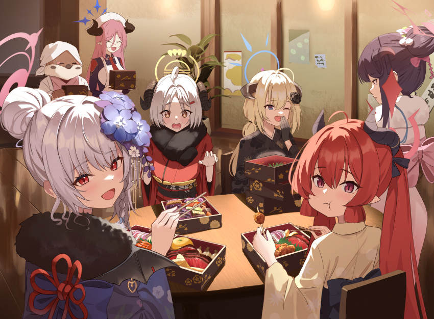 6+girls ahoge akari_(blue_archive) black_hair black_horns black_kimono black_wings blonde_hair blue_archive blue_eyes blue_flower blue_halo blue_kimono blush brown_eyes chopsticks closed_mouth cosplay demon_horns eating fake_wings flower food fur-trimmed_kimono fur_trim fuuka_(blue_archive) fuuka_(new_year)_(blue_archive) grey_hair hair_flower hair_ornament halo haruna_(blue_archive) haruna_(new_year)_(blue_archive) highres holding holding_chopsticks horns indoors izumi_(blue_archive) japanese_clothes junko_(blue_archive) junko_(new_year)_(blue_archive) juri_(blue_archive) kimono long_hair long_sleeves multiple_girls obi official_alternate_costume one_eye_closed open_mouth osechi pink_halo pink_kimono pointy_ears purple_flower purple_halo rahy red_eyes red_hair red_halo red_kimono sash single_wing smile wide_sleeves wings yellow_halo yellow_kimono