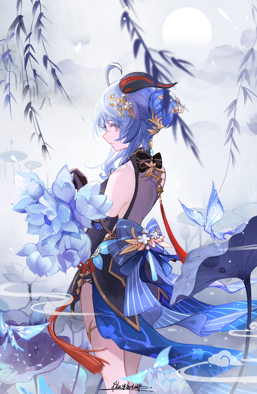 1girl absurdres ahoge back_bow bare_shoulders black_bow black_dress black_gloves blue_bow blue_dress blue_flower blue_hair blurry blurry_foreground bow braid braided_bun bud chinese_clothes chinese_commentary closed_mouth crystalfly_(genshin_impact) dress egasumi elbow_gloves falling_petals flower flower_knot flower_request fog from_side full_moon ganyu_(genshin_impact) ganyu_(twilight_blossom)_(genshin_impact) genshin_impact gloves goat_horns gold_trim gradient_eyes hair_bun hair_flower hair_ornament hand_up highres holding holding_flower horns issign leaf long_hair looking_at_viewer looking_to_the_side lotus lotus_leaf moon multicolored_clothes multicolored_dress multicolored_eyes official_alternate_costume official_alternate_hairstyle outdoors petals profile purple_eyes qingxin_flower sideways_glance signature single_hair_bun sleeveless sleeveless_dress smile solo standing striped_clothes tassel thighlet thighs water_drop willow