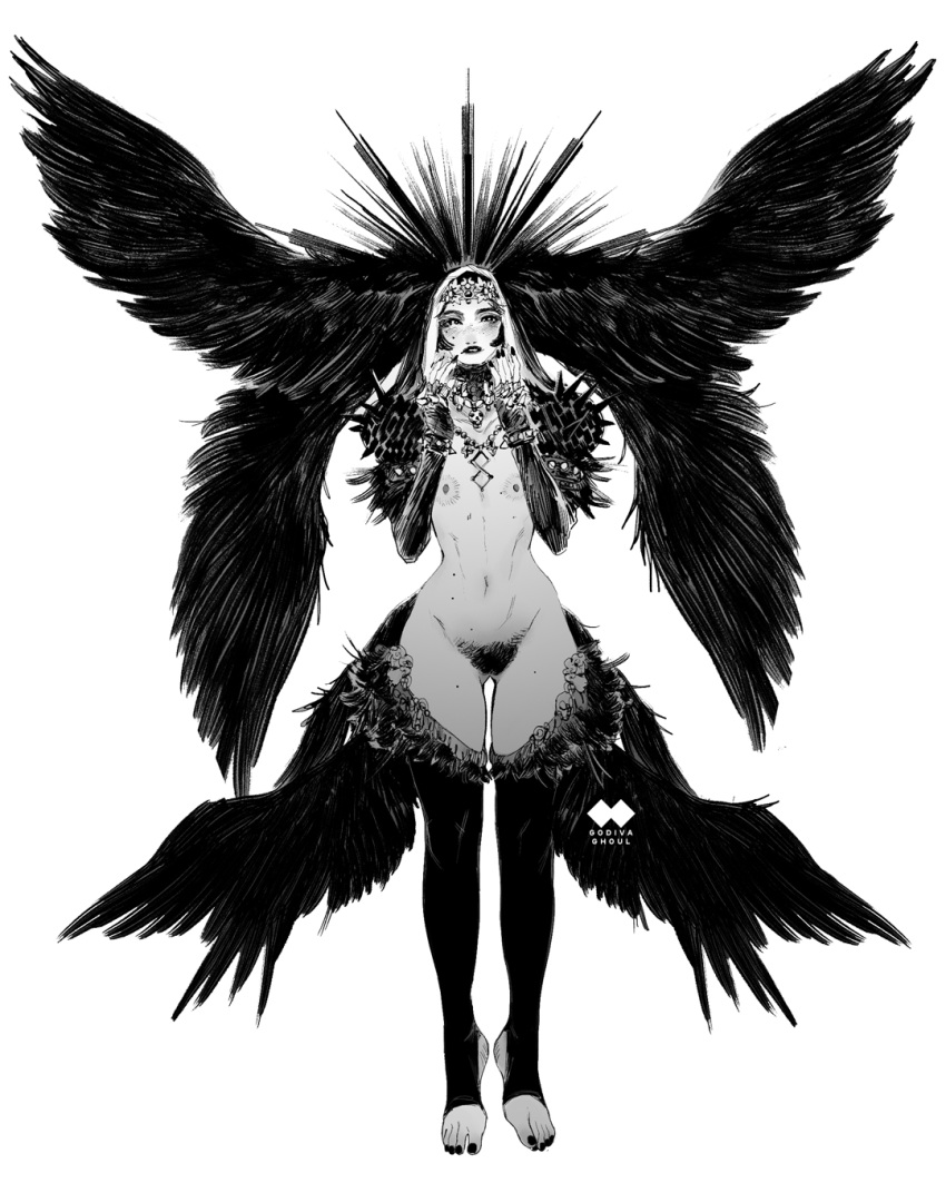 1girl artist_logo artist_name black_eyes black_hair black_lips black_nails black_thighhighs black_wings blush breasts chest_tattoo circlet closed_mouth coif excessive_pubic_hair feathered_wings feet fingerless_gloves fingernails flat_chest flipped_hair floating full_body gloves godiva_ghoul greyscale hand_on_own_cheek hand_on_own_face hands_up head_wings highres hip_dips jewelry juliet_sleeves large_areolae linea_alba lips long_sleeves mole mole_under_eye monochrome multiple_moles multiple_wings nail_polish narrow_waist navel necklace nipples nostrils original parted_lips plantar_flexion pubic_hair puffy_sleeves sharp_fingernails shrug_(clothing) simple_background solo spiked_sleeves stirrup_legwear stomach straight-on tattoo teeth thigh_gap thighhighs thighs toeless_legwear toenail_polish toenails toes white_background wings