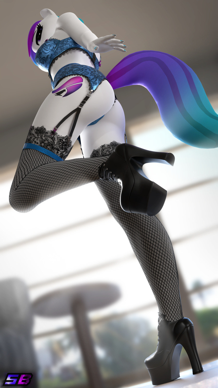 3d_(artwork) absurd_res anthro aurora_starling blue_hair blue_nail_polish blue_nails bra clothing colored_nails cutie_mark digital_media_(artwork) earth_pony equid equine female fishnet fishnet_legwear footwear garter_straps gradient_hair gradient_tail hair hasbro hi_res high_heels horse legwear low-angle_view mammal my_little_pony nails panties pony purple_eyes purple_hair shadowboltsfm stockings underwear worm's-eye_view