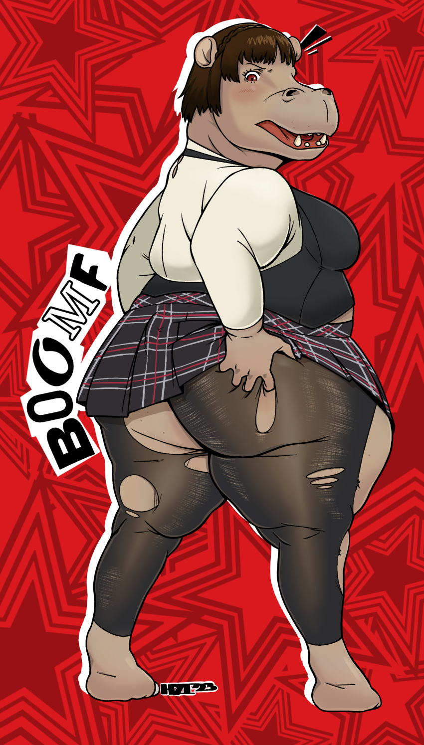 absurd_res anthro atlus big_butt bottomwear breasts brown_hair butt butt_expansion clothing common_hippopotamus expansion female grey_body grey_skin growth hair hhhyyyiii hi_res hippopotamid huge_thighs human_to_anthro leggings legwear makoto_niijima mammal megami_tensei megami_tensei_persona overweight overweight_anthro overweight_female rear_view red_eyes school_uniform sega skirt solo species_transformation standing thick_thighs thigh_expansion torn_clothing torn_leggings torn_legwear transformation uniform weight_gain