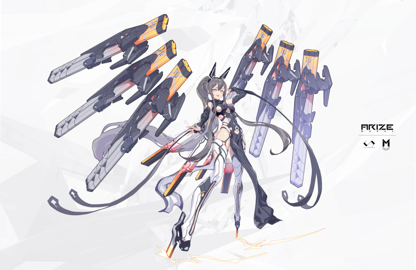 1girl :d absurdres arm_up bare_shoulders black_dress boots breasts bridal_gauntlets cancell clothing_cutout covered_navel dress full_body grey_hair headgear highres long_hair looking_at_viewer mecha_musume mechanical_wings medium_breasts open_mouth orange_eyes original pelvic_curtain ponytail revealing_clothes side_cutout sideboob sidelocks simple_background sleeveless sleeveless_dress smile solo stomach_cutout thigh_boots thighhighs thighs underboob underboob_cutout very_long_hair white_background white_footwear wings
