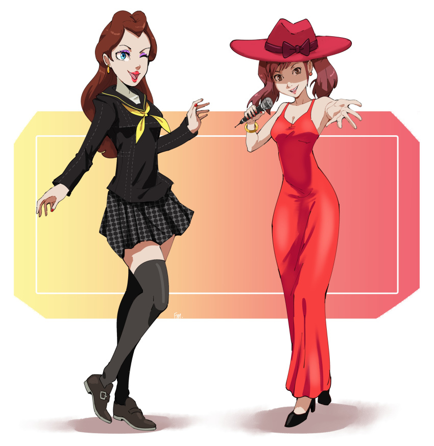 2girls absurdres black_footwear black_legwear blue_eyes bracelet brown_eyes brown_footwear brown_hair cosplay costume_switch crossover dress earrings fedora francisco_mon hat high_heels highres jewelry kujikawa_rise kujikawa_rise_(cosplay) loafers long_hair mario_(series) microphone multiple_girls one_eye_closed pauline_(mario) pauline_(mario)_(cosplay) persona persona_4 pleated_skirt red_dress school_uniform shoes skirt super_mario_odyssey thighhighs twintails yasogami_school_uniform