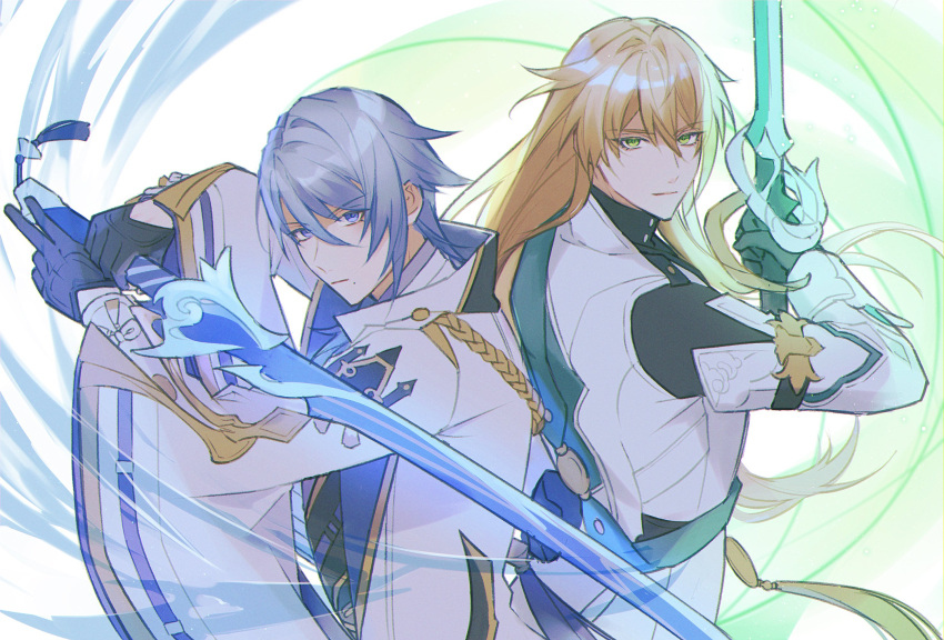 2boys aiguillette aqua_ribbon arm_up back-to-back black_gloves black_shirt blonde_hair blue_hair closed_mouth coat commentary_request company_connection energy floating_hair frown genshin_impact gloves gold_trim green_eyes hair_between_eyes half_gloves hand_up haran_geppaku_futsu_(genshin_impact) highres holding holding_sword holding_weapon honkai:_star_rail honkai_(series) jacket kamisato_ayato lapels long_hair long_sleeves looking_at_viewer luocha_(honkai:_star_rail) male_focus mole mole_under_mouth multiple_boys open_clothes open_jacket purple_eyes ribbon serious shirt short_hair sidelocks simple_background sword tassel turtleneck upper_body very_long_hair weapon white_background white_coat white_jacket wide_sleeves ydm_sushi