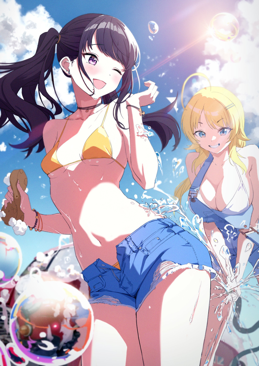 2girls ;d absurdres ahoge bikini bikini_under_shorts blue_overalls blue_sky blush breasts car cleavage cloud cutoffs denim denim_shorts hachimiya_meguru highres holding holding_hose hose idolmaster idolmaster_shiny_colors kazano_hiori large_breasts looking_at_another motor_vehicle multiple_girls navel one_eye_closed orange_bikini outdoors overalls short_shorts shorts sky small_breasts smile soap_bubbles stomach sunlight swimsuit td_(tandeom97) twintails white_bikini