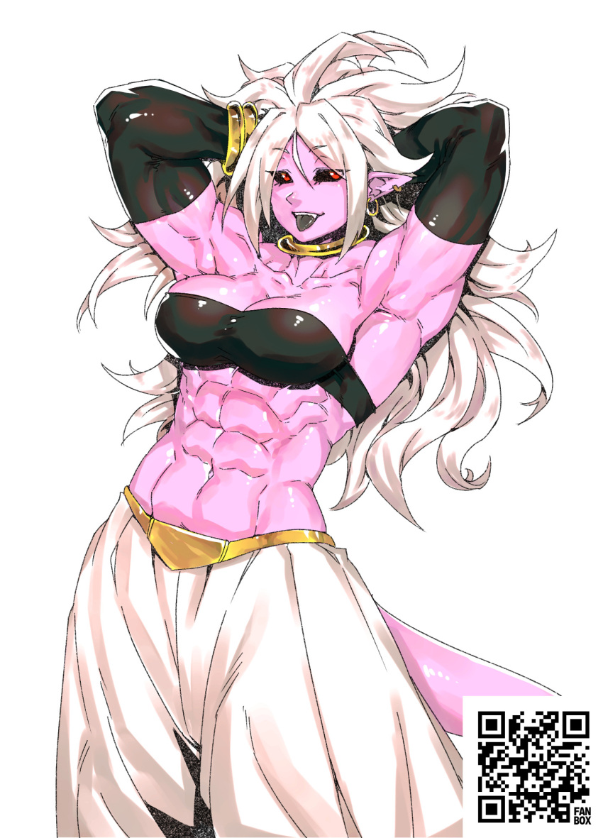 1girl abs android_21 armpits baggy_pants belt black_sclera bracelet breasts cleavage colored_sclera colored_skin dragon_ball earrings elbow_gloves gloves grey_tongue highres jewelry large_breasts long_hair looking_at_viewer minew muscular muscular_female necklace pants pink_skin qr_code red_eyes robot_girl solo tail tongue tongue_out white_background white_hair