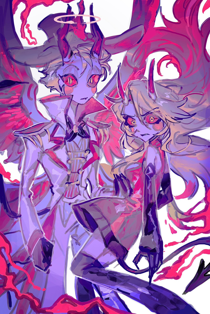 147654y 1boy 1girl black_thighhighs blonde_hair charlie_morningstar colored_sclera demon demon_boy demon_girl demon_horns demon_tail demon_wings dress father_and_daughter hazbin_hotel highres horns long_hair looking_at_viewer lucifer_(hazbin_hotel) red_dress red_sclera slit_pupils suit tail thighhighs white_suit wings yellow_eyes