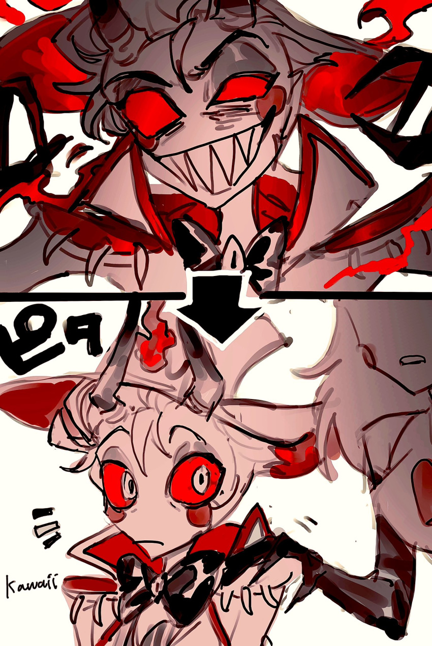 147654y 1boy 1girl blush_stickers charlie_morningstar colored_sclera demon demon_boy evil_grin evil_smile grin hazbin_hotel highres long_hair looking_at_viewer red_sclera sharp_teeth smile spot_color suit teeth white_headwear