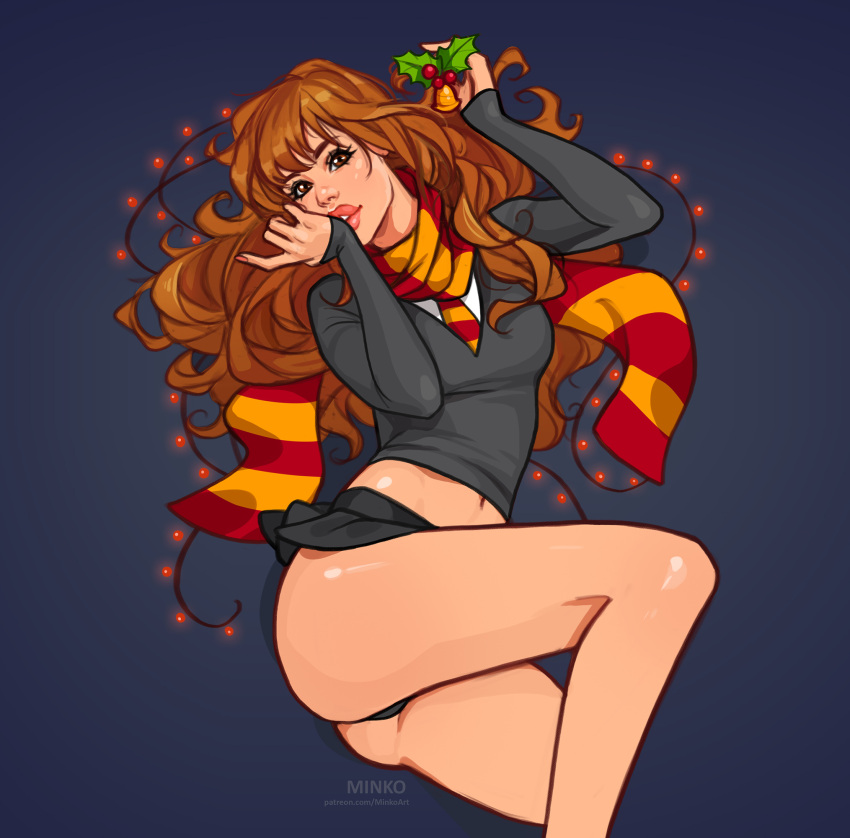 1girl artist_name ass black_panties black_shirt black_skirt breasts brown_hair gradient_background hands_up harry_potter_(series) hermione_granger highres large_breasts long_hair miniskirt mistletoe navel necktie olena_minko panties scarf shiny_skin shirt skirt solo striped_clothes striped_necktie striped_scarf underwear watermark wizarding_world