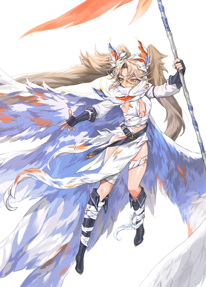 1girl bandaged_leg bandages belt black_footwear black_gloves blue_eyes blue_wings body_markings boots breasts commentary dress english_commentary fingerless_gloves floating full_body gloves grey_hair hair_ornament hand_up heterochromia highres holding holding_polearm holding_weapon light_brown_hair long_hair long_sleeves looking_ahead loose_bandages multicolored_wings original outstretched_arms pelvic_curtain polearm reaching red_eyes red_wings revealing_clothes scarf seung_(kyusiii) simple_background small_breasts solo twintails very_long_hair weapon white_background white_dress white_scarf white_wings wings
