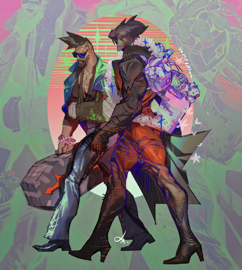 2boys aatrox absurdres alternate_costume backpack bag bandaged_arm bandages bara beard belt brown_hair contemporary curled_horns demon_boy demon_wings denim facial_hair from_side full_beard high_heels highres horns jeans large_pectorals league_of_legends looking_ahead male_focus mature_male monster_boy multiple_belts multiple_boys muscular muscular_male pantheon_(league_of_legends) pants pectoral_cleavage pectorals profile stuffed_animal stuffed_toy sunglasses thick_beard thick_eyebrows thick_thighs thighs walking wings xkov_(cerberuskeeper)