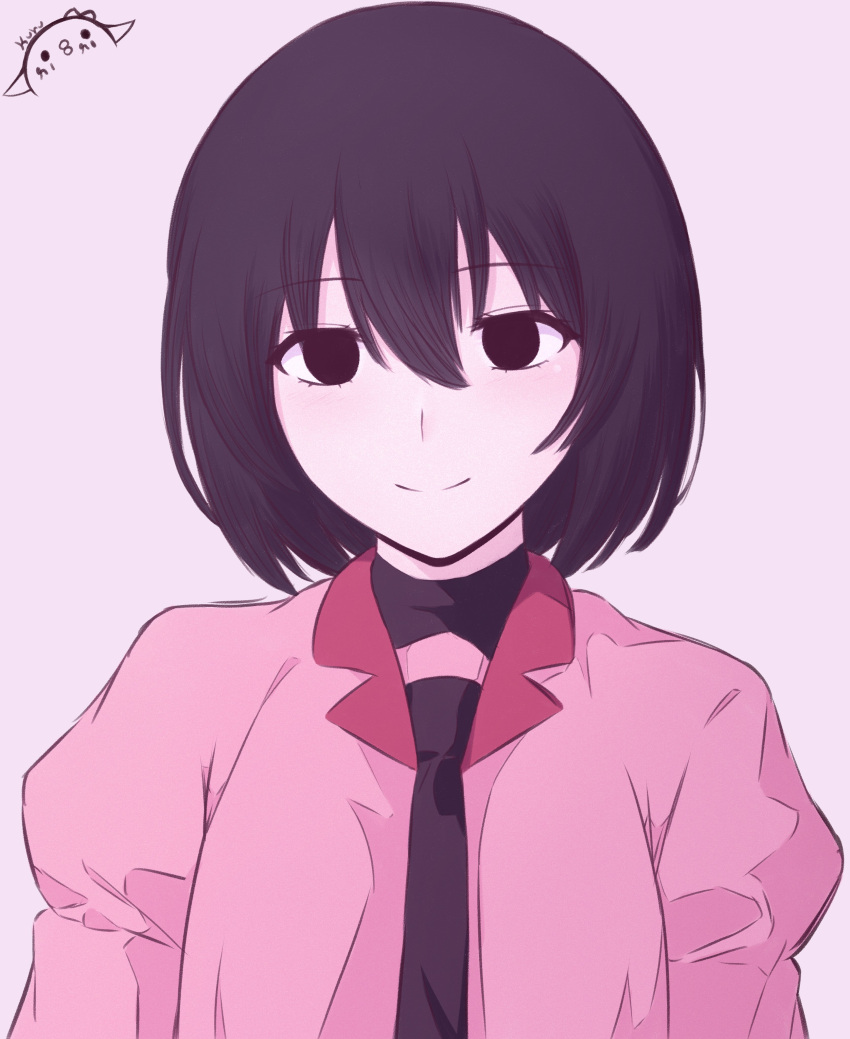 1girl absurdres artist_logo artist_name black_eyes black_hair black_necktie black_undershirt bob_cut close-up closed_mouth collared_shirt commentary dress_shirt empty_eyes english_commentary hair_between_eyes highres kurumimi_birb light_blush light_smile long_sleeves looking_at_viewer monogatari_(series) naoetsu_high_school_uniform necktie oshino_ougi pale_skin pink_shirt portrait puffy_sleeves school_uniform shirt short_hair signature simple_background smile solo straight-on turtleneck white_background