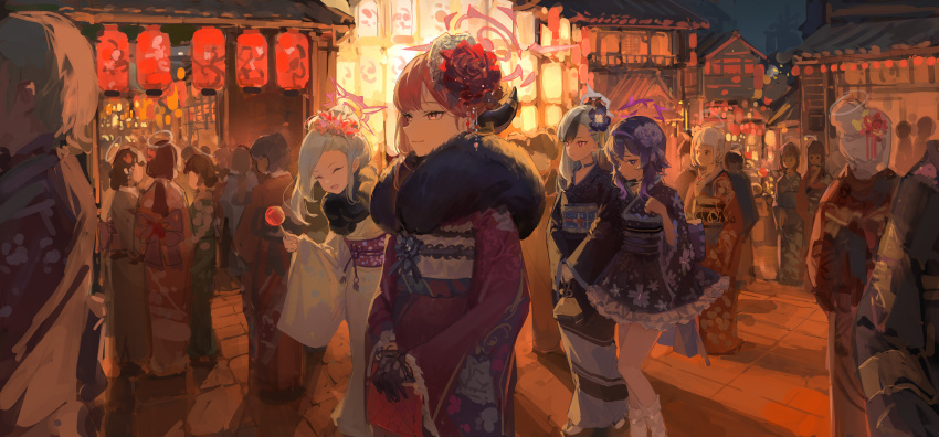 6+girls absurdres aru_(blue_archive) aru_(new_year)_(blue_archive) black_gloves black_hair black_horns black_kimono black_scarf blue_archive candy_apple closed_eyes closed_mouth demon_horns flower food fur-trimmed_kimono fur_trim gloves grey_hair grey_halo hair_flower hair_ornament halo haruka_(blue_archive) haruka_(new_year)_(blue_archive) highres holding holding_food horns japanese_clothes kayoko_(blue_archive) kayoko_(new_year)_(blue_archive) kimono long_hair long_sleeves medium_hair meinoss multicolored_hair multiple_girls mutsuki_(blue_archive) mutsuki_(new_year)_(blue_archive) night obi official_alternate_costume official_alternate_hairstyle open_mouth outdoors pink_flower pink_hair pink_halo purple_eyes purple_flower purple_hair purple_halo purple_kimono red_eyes red_flower red_kimono sash scarf smile white_kimono wide_sleeves yellow_eyes