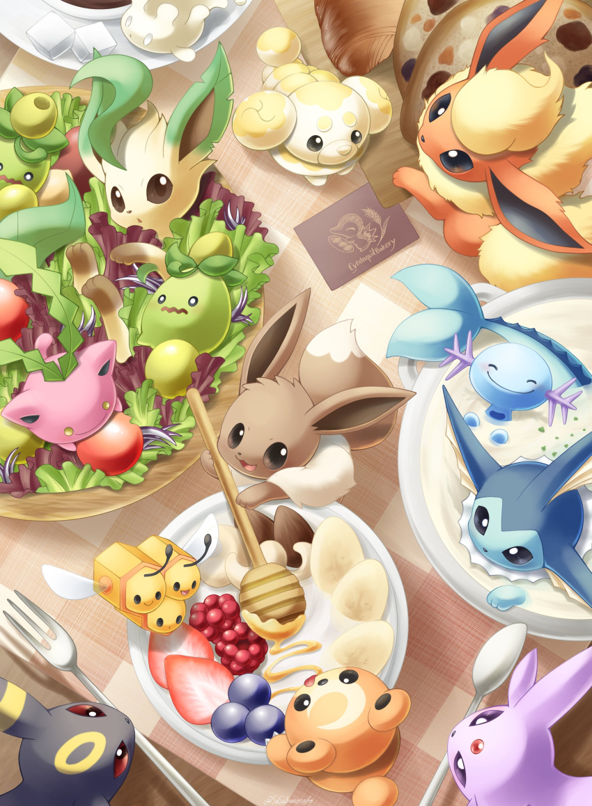 :3 :d :o ^_^ absurdres almond antennae black_eyes blueberry bowl bright_pupils business_card cherry_tomato closed_eyes closed_mouth combee commentary crescent eevee english_commentary espeon fidough flareon food forehead_jewel fork fruit happy highres holding honey honey_dipper hoppip in_food leafeon lettuce licking_lips milcery mouth_hold no_humans o_o open_mouth partially_submerged plaid plate pokemon pokemon_(creature) purple_eyes raspberry red_eyes salad sasabunecafe smile smoliv snivy spoon strawberry strawberry_slice sugar_cube teddiursa tomato tongue tongue_out umbreon v-shaped_eyebrows vaporeon wavy_mouth white_eyes white_pupils wooper yellow_eyes yogurt