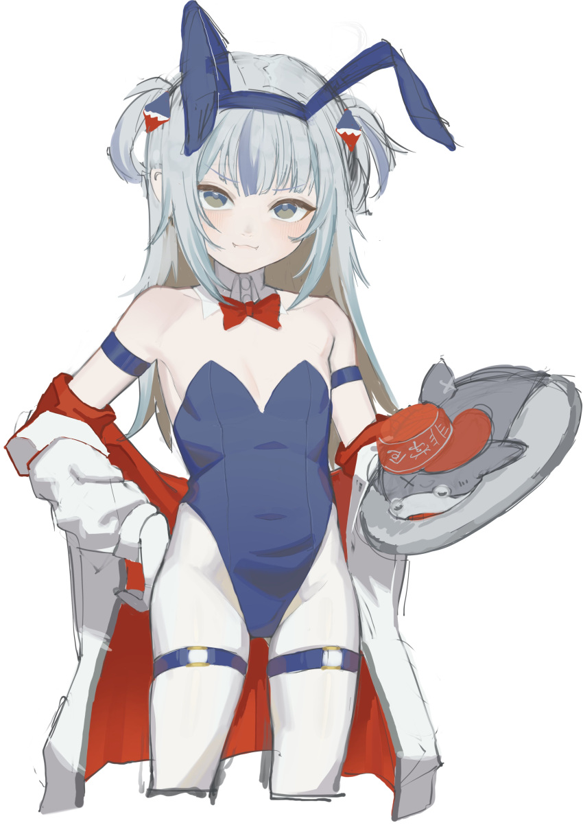 1girl absurdres animal_ears bloop_(gawr_gura) blue_eyes blue_hair blue_leotard bow bowtie breasts closed_mouth fake_animal_ears fangs fangs_out gawr_gura hairband highres hololive hololive_english leotard long_hair looking_at_viewer merumo_(ss99807238) multicolored_hair pantyhose playboy_bunny rabbit_ears red_bow red_bowtie simple_background small_breasts smile solo virtual_youtuber white_background white_hair white_pantyhose