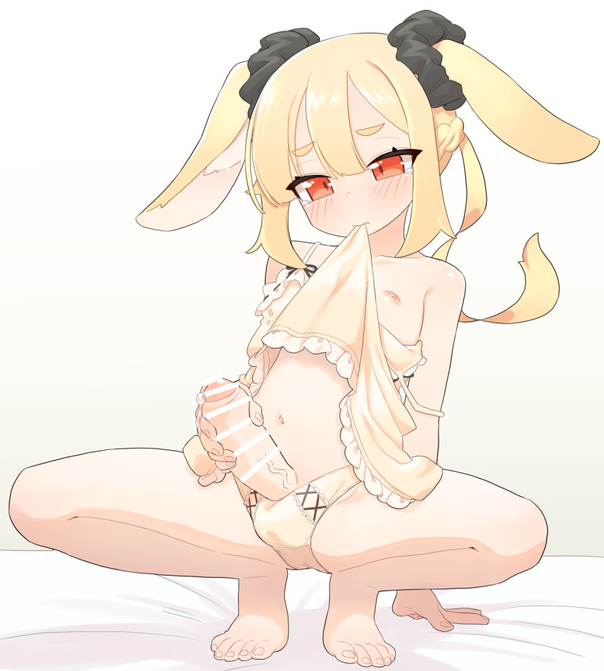 1boy animal_ears babydoll bar_censor barefoot bed_sheet blonde_hair blush censored clothes_in_mouth commentary_request commission erection floppy_ears full_body highres male_focus male_masturbation masturbation nipples original otoko_no_ko owasaki panties penis penis_out precum rabbit_boy rabbit_ears red_eyes simple_background skeb_commission solo spread_legs squatting tears textless_version thick_eyebrows tiptoes underwear variant_set white_background yellow_panties