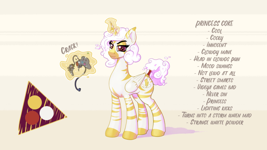 absurd_res cloud_mane cocaine_(artist) controller cutie_mark english_text equid equine female feral gaming hasbro hi_res horn mammal model_sheet my_little_pony oc:princess_coke solo text winged_unicorn wings zebra