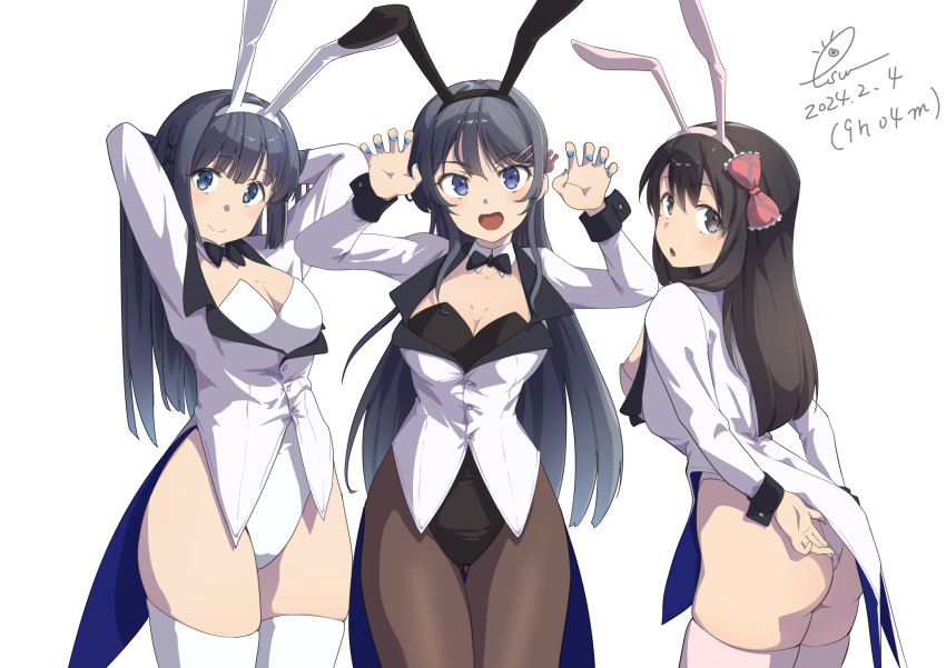 3girls animal_ears arms_behind_back ass ass_visible_through_thighs bare_shoulders black_bow black_bowtie black_hair black_leotard blue_bow blue_bowtie blue_eyes blush bow bowtie breasts brown_pantyhose cleavage closed_mouth coattails commentary commission covered_navel dated detached_collar fake_animal_ears frilled_bow frills garter_straps hair_bow hair_ornament hairclip highres hirokawa_uzuki jacket large_breasts leotard long_hair looking_at_viewer makinohara_shouko multiple_girls pantyhose pink_leotard pink_thighhighs playboy_bunny purple_eyes rabbit_ears raiz_art_works red_bow sakurajima_mai seishun_buta_yarou sideboob signature simple_background skeb_commission smile standing strapless strapless_leotard suit_jacket thigh_gap thighhighs tuxedo_jacket white_background white_leotard white_thighhighs