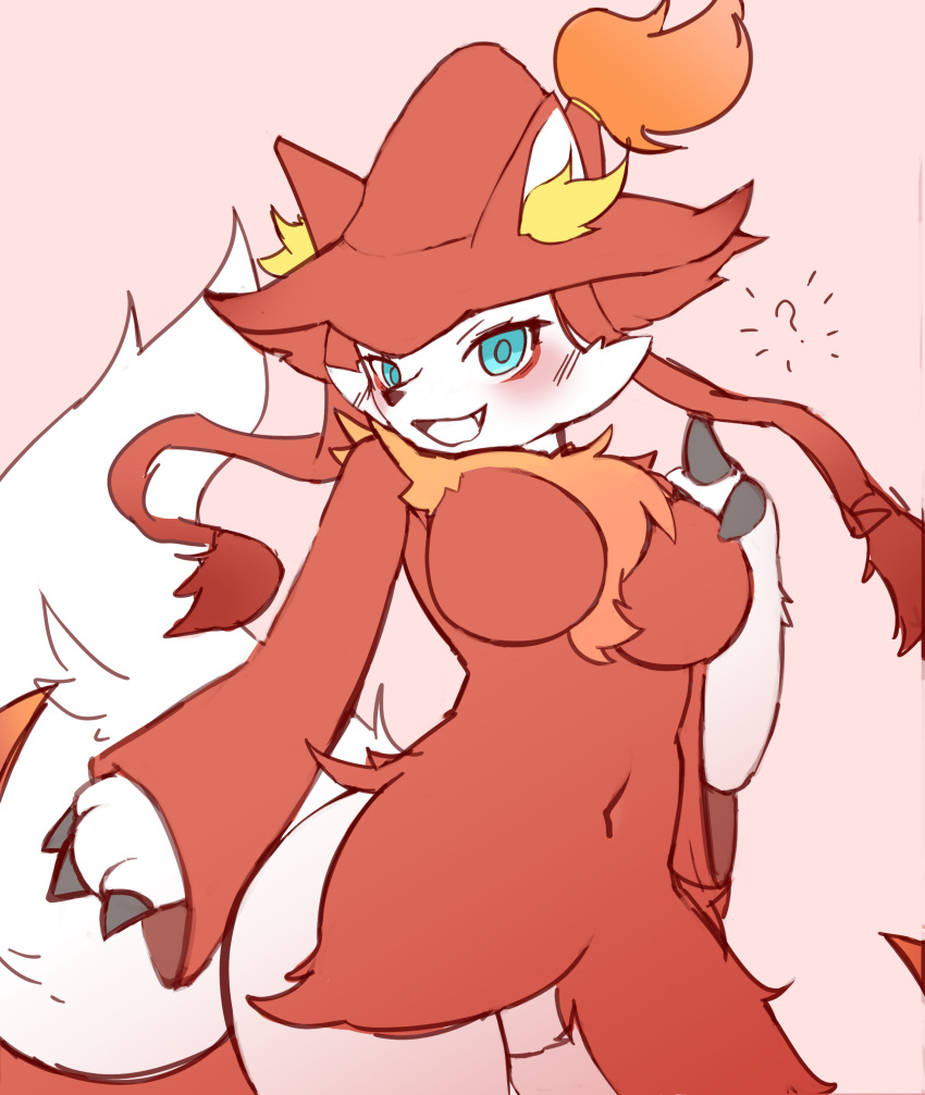 2024 3_fingers absurd_res anthro big_breasts big_tail biped black_nose blue_eyes blue_pupils blush breasts canid canine cheek_tuft chest_tuft claws colored digital_media_(artwork) eyelashes eyeliner facial_tuft featureless_breasts featureless_crotch female finger_claws fingers fluffy fluffy_tail front_view fur grey_claws hi_res inner_ear_fluff kemono looking_at_viewer makeup mammal monotone_tail multi_tone_fur multicolored_ears n2ao navel nude open_mouth open_smile orange_body orange_fur pal_(species) palworld pink_background portrait pose pseudo_clothing pupils question_mark red_body red_ears red_eyeliner red_fur simple_background smile solo standing tail thick_tail three-quarter_portrait three-quarter_view tuft white_body white_fur white_inner_ear white_tail wixen yellow_inner_ear_fluff