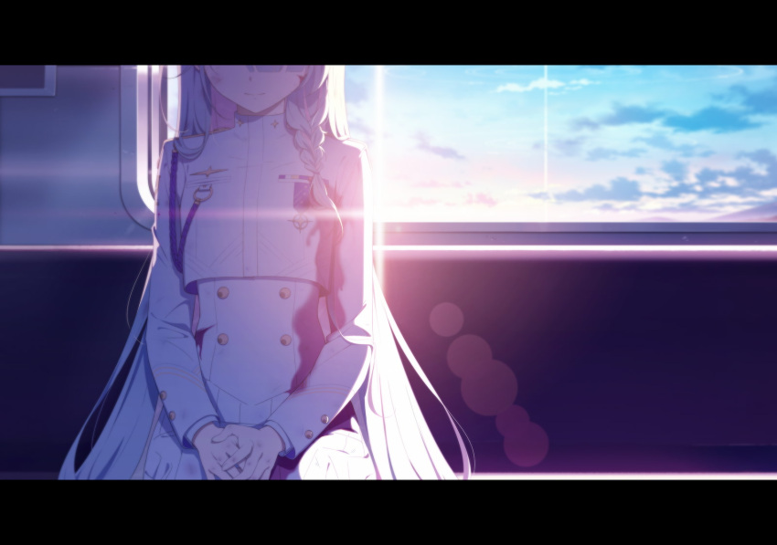 1girl aiguillette blood blood_on_clothes blood_on_face blue_archive blue_hair braid closed_mouth colored_inner_hair diffraction_spikes epaulettes game_cg general_student_council_president_(blue_archive) head_out_of_frame highres jacket lens_flare letterboxed long_hair long_sleeves medal military_uniform multicolored_hair non-web_source official_art pink_hair single_braid sitting solo two-tone_hair uniform very_long_hair white_jacket
