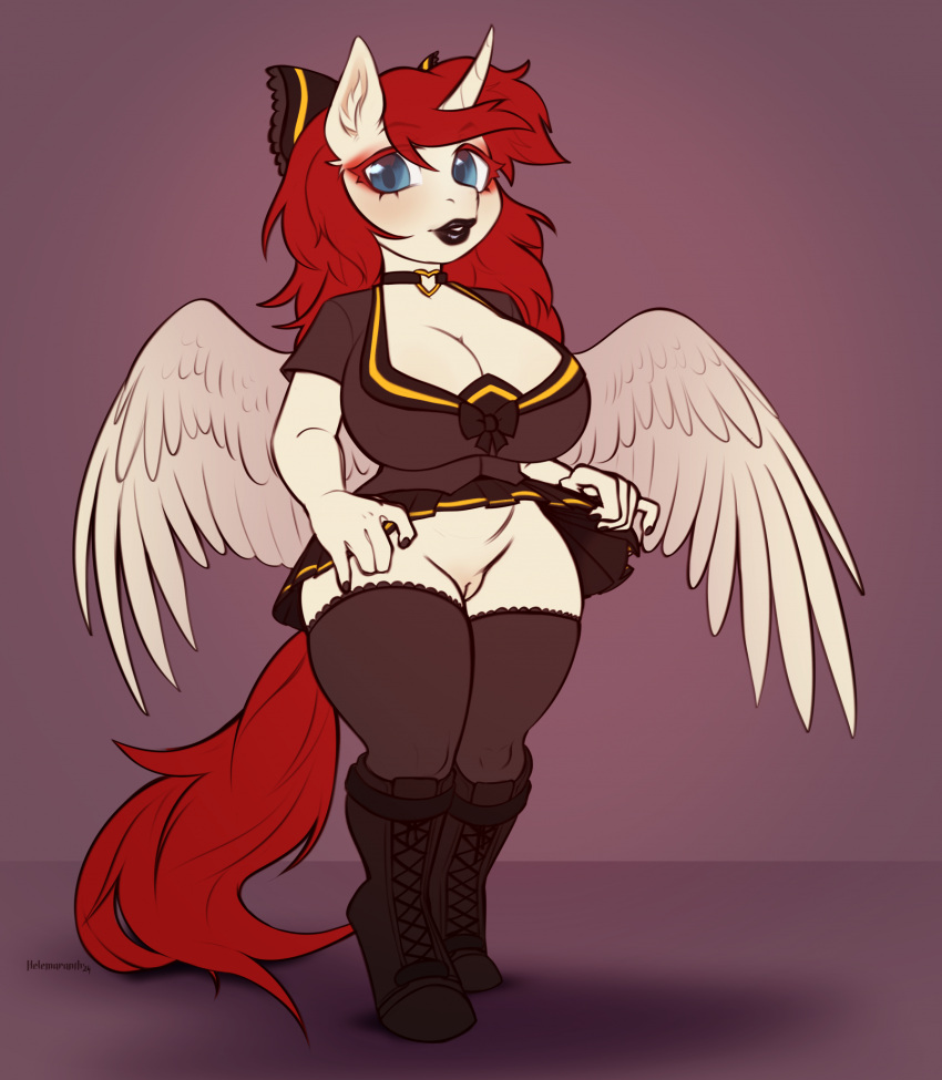 accessory anthro big_breasts blue_eyes boots bottomwear bow_ribbon breasts chibi clothed clothing clothing_lift equid equine fan_character female footwear fur genitals hair_accessory hair_bow hair_ribbon hasbro helemaranth hi_res horn horse hyperbreasts legwear mammal my_little_pony pussy red_tail reed_hair ribbons rosiesquish skirt skirt_lift stockings tail unicorn white_body white_fur winged_unicorn wings