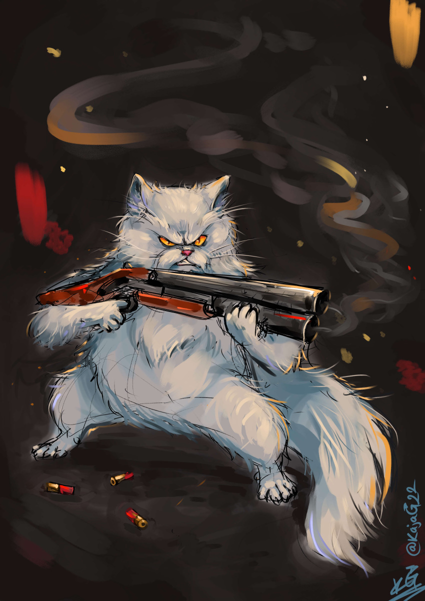 absurd_res anthro biped domestic_cat felid feline felis fur gun hi_res holding_gun holding_object holding_shotgun holding_weapon kajag male mammal mr._tinkles pupils ranged_weapon shotgun slit_pupils solo tail weapon whiskers white_body white_fur