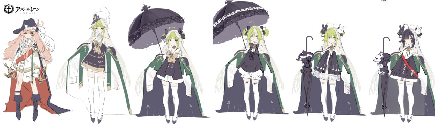 1girl absurdres attilio_regolo_(azur_lane) azur_lane black_footwear black_hair black_umbrella blonde_hair boots closed_umbrella frilled_umbrella frills highres kurumi_(recycllamo) long_hair multicolored_hair multiple_views pink_hair sketch thighhighs two-tone_hair umbrella very_long_hair white_hair white_thighhighs zettai_ryouiki