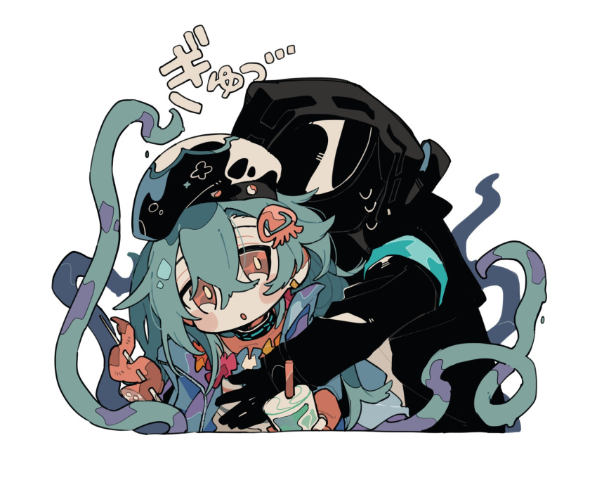 1boy 1other :o arknights black_headwear black_jacket blue_hair blue_jacket blush_stickers cosplay cropped_torso crying doctor_(arknights) flower flower_necklace highres hood hooded_jacket hug hug_from_behind infection_monitor_(arknights) jacket jellyfish_hair_ornament lei mask mizuki_(arknights) mizuki_(summer_feast)_(arknights) official_alternate_costume orange_eyes remu_(kudarizaka_25) simple_background tentacles white_background