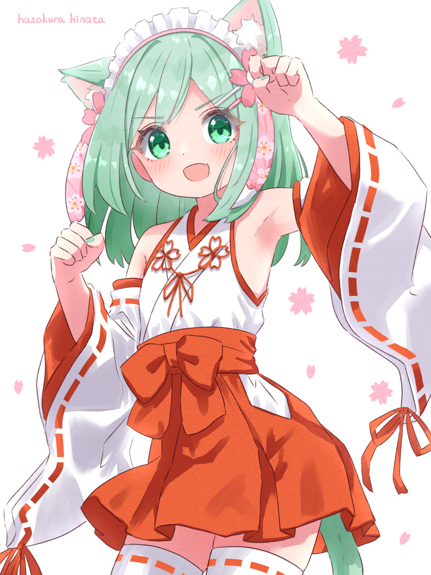 1girl :d absurdres adapted_uniform animal_ear_fluff animal_ears armpits artist_name cat_ears cat_girl cat_tail cherry_blossoms clenched_hand cowboy_shot detached_sleeves dot_nose fang flower green_eyes green_hair green_nails hair_flower hair_ornament hairclip hands_up hazakura_hinata highres japanese_clothes looking_at_viewer medium_hair miko nail_polish open_mouth original paw_pose red_skirt ribbon-trimmed_sleeves ribbon_trim simple_background skin_fang skirt smile solo tail thighhighs variant_set white_background white_thighhighs wide_sleeves